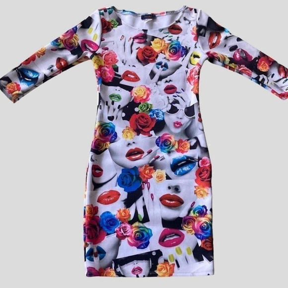 TMANI Grunge Lips All-over Print Women’s Midi Scuba Bodycon Dress Sz.M Edgy - Picture 1 of 8